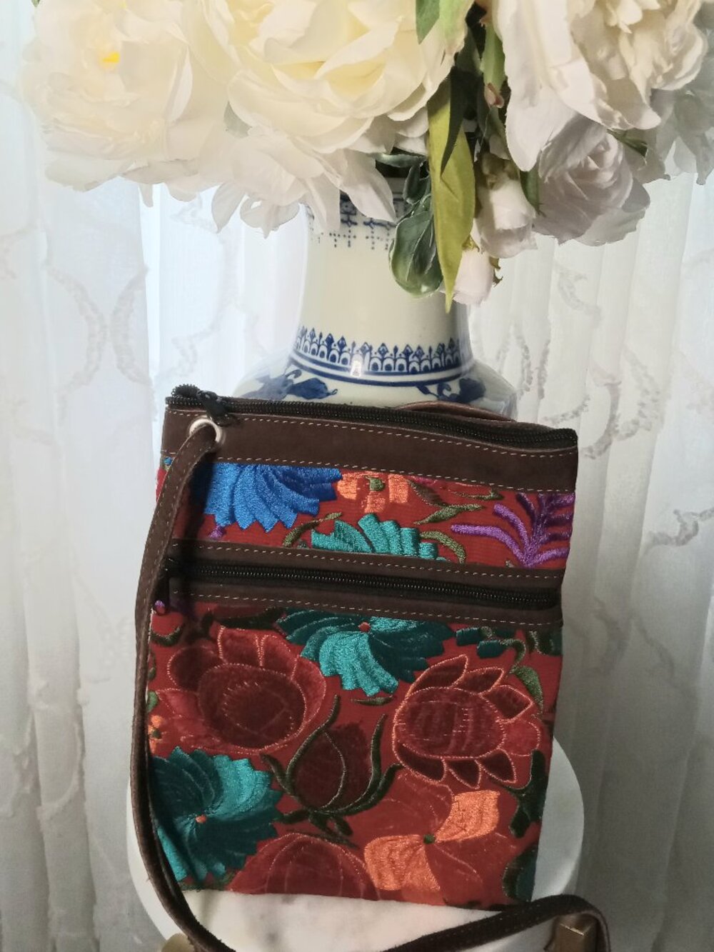 Small Embroidered Crossbody in Crimson and Brown